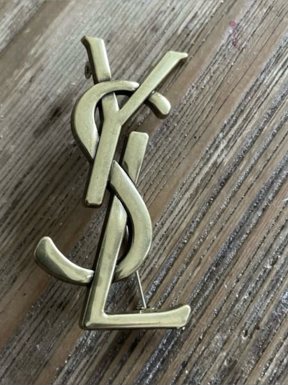 YSL Fashion Metal Gold Toned Logo Brooch